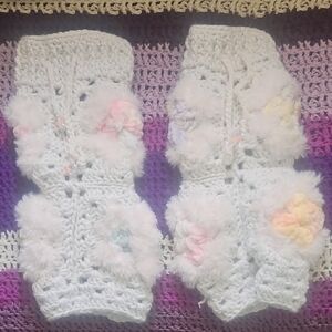 Handmade Crochet Kids Leg Warmers - White with Pastel Accents